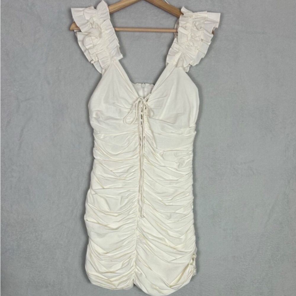 Zara White One-Shoulder Ruffle Ruched Mini Dress - Picture 5 of 6